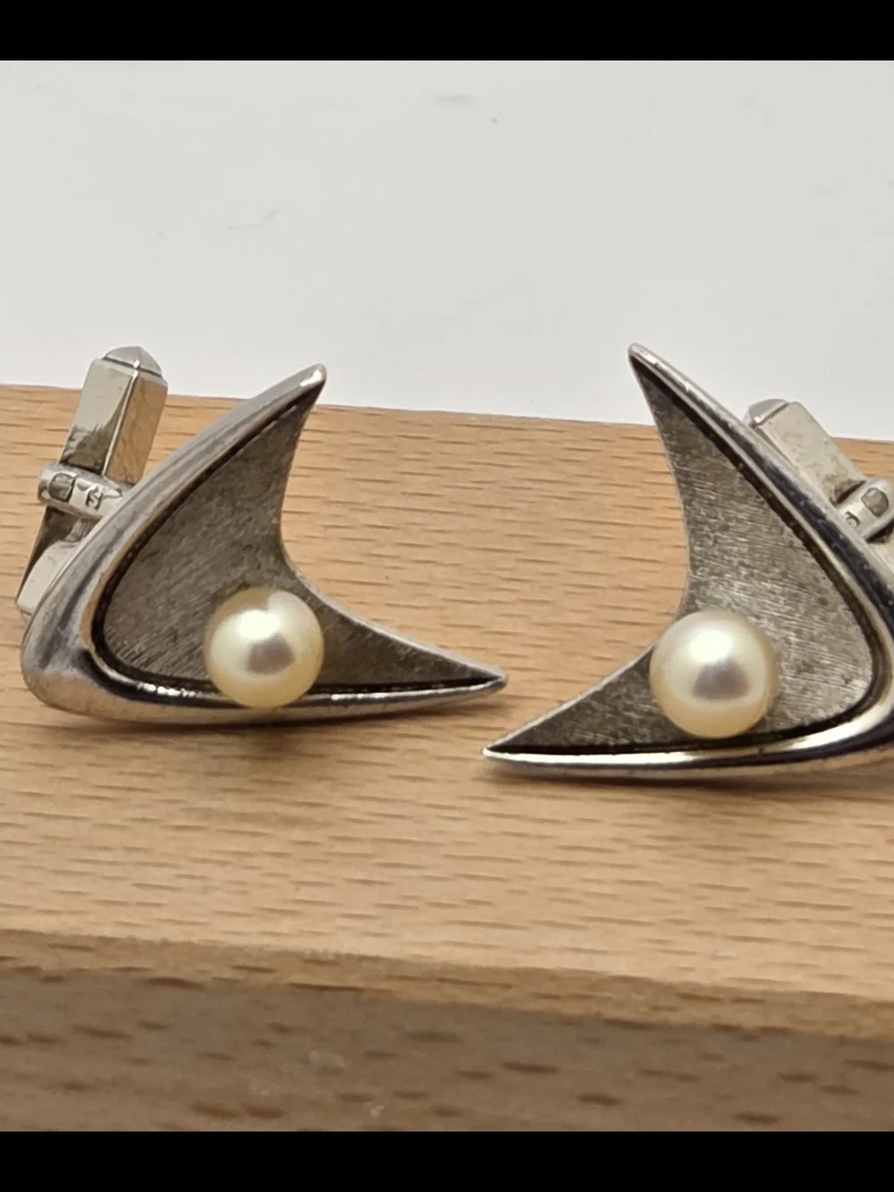 Vintage Sterling Silver Pearl Atomic Age Boomerang Cufflinks MCM